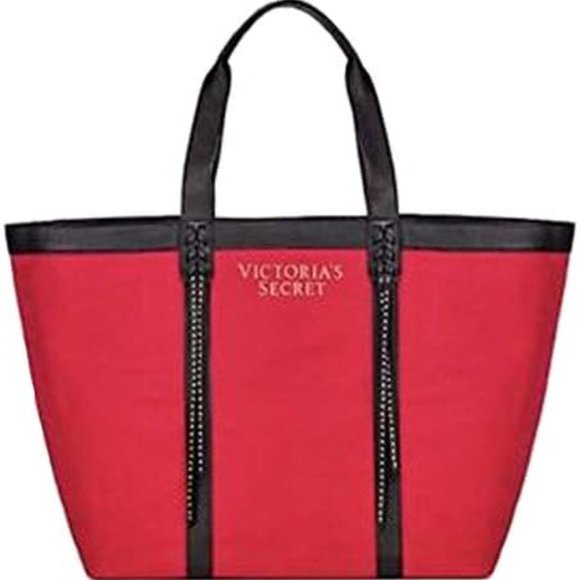 Victoria's Secret Logo Large Red Canvas Studded Tassels Weeken Shoulder Bag Tote - Picture 2 of 5